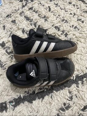 adidas Kids Black Sneakers with White Stripes and Brown Sole